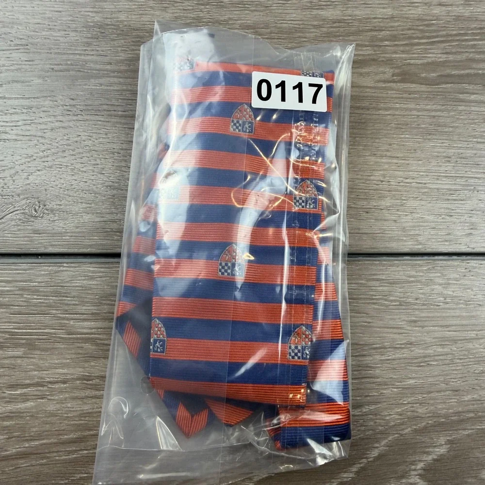 Brooks Brothers Mens Necktie Silk Striped Crest Orange Blue 3.75in OS